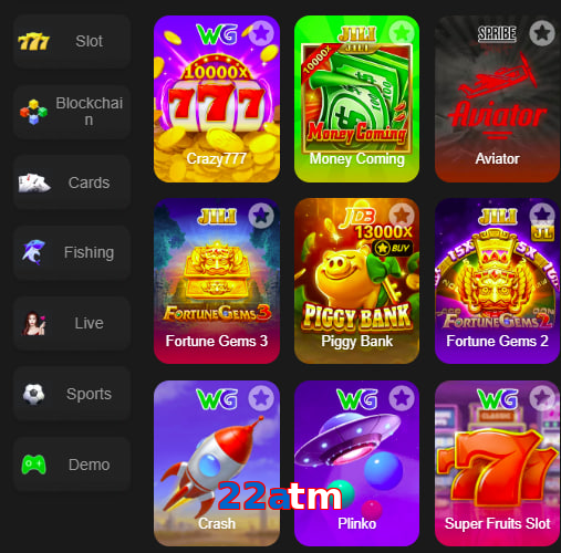 Main screen of 22Atm game page for PK players